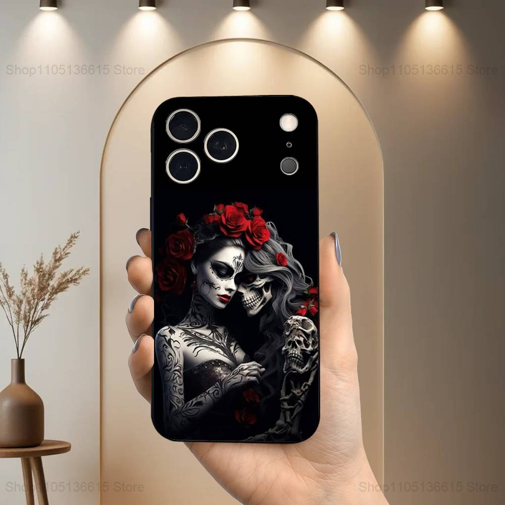 Catrina Skull Girl Mexican Case For iPhone 12,14,15,16,17,13,11,X,Mini,Plus,Pro Max,8,7,XR,SE,XS,Soft Silicone Black