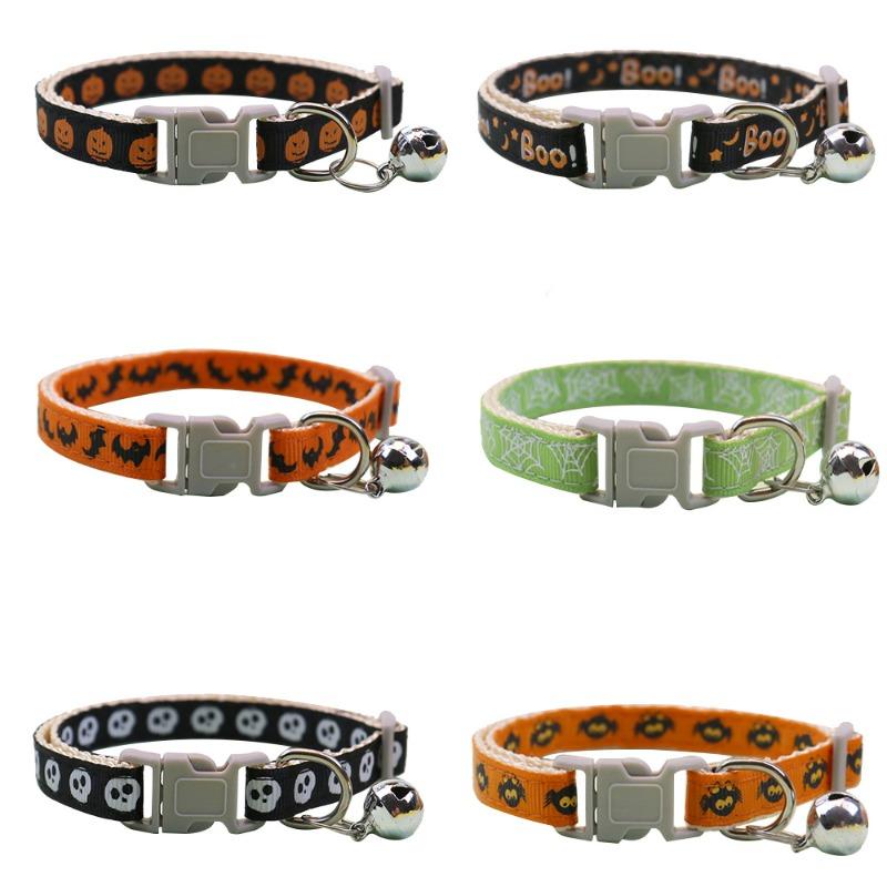 Halloween Pet Collar Adjustable For Dogs And Cats With Bell Pumpkin Skeleton Bat Design Neckband Christmas Costume Accessories