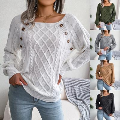 Herbst- und Winter-Casual-Pullover mit quadratischem Ausschnitt, Knopfdetail und Zopfmuster