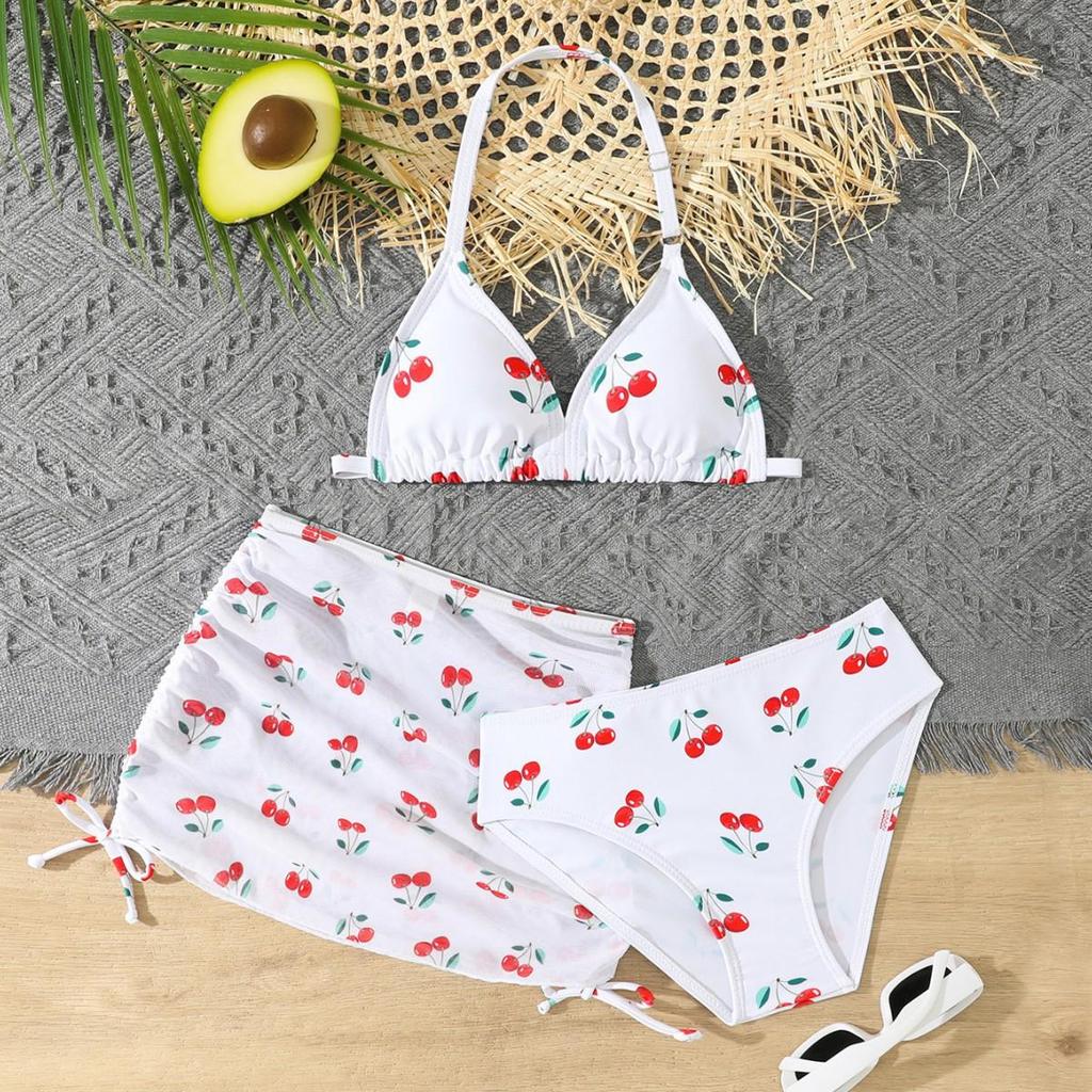 2025 Cute Girls' Three-Piece Bikini Swimsuit with Chest Pads for Middle and Older Children