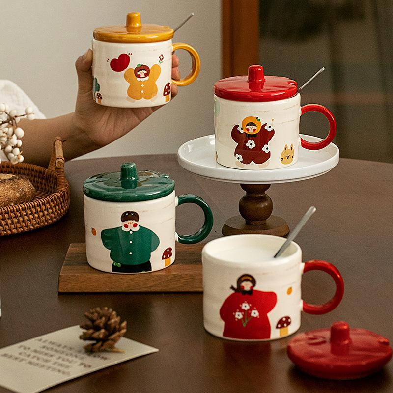 A Family Retro Ceramic Mug High Looking Household Couple Breakfast Cup with Lid Spoon Souvenir