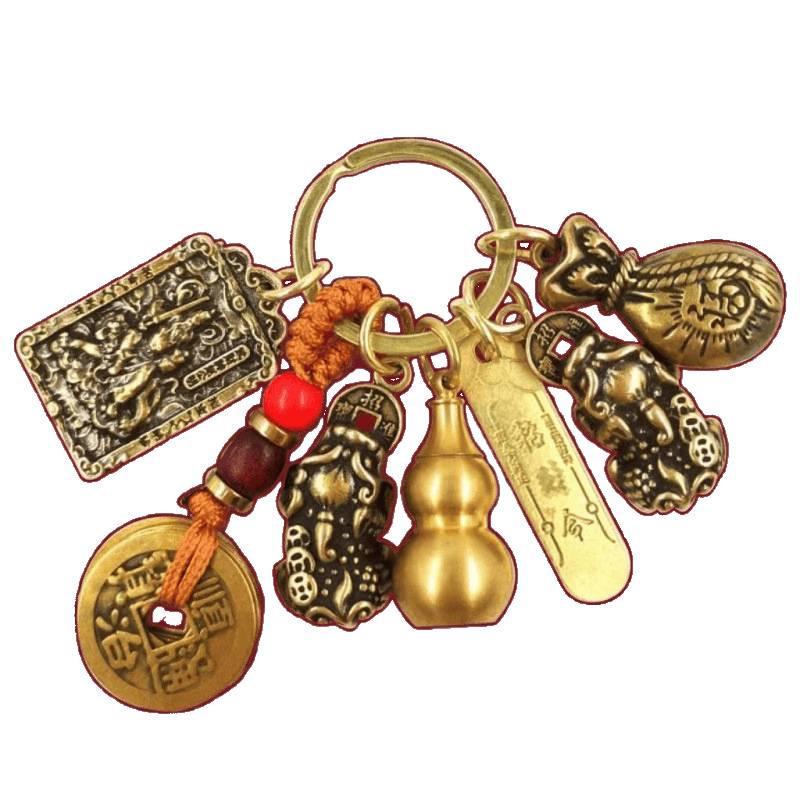 Unisex Pixiu & Five Paths of Wealth Zodiac Pendant with Five Emperor Coins & Brass Gourd Keychain