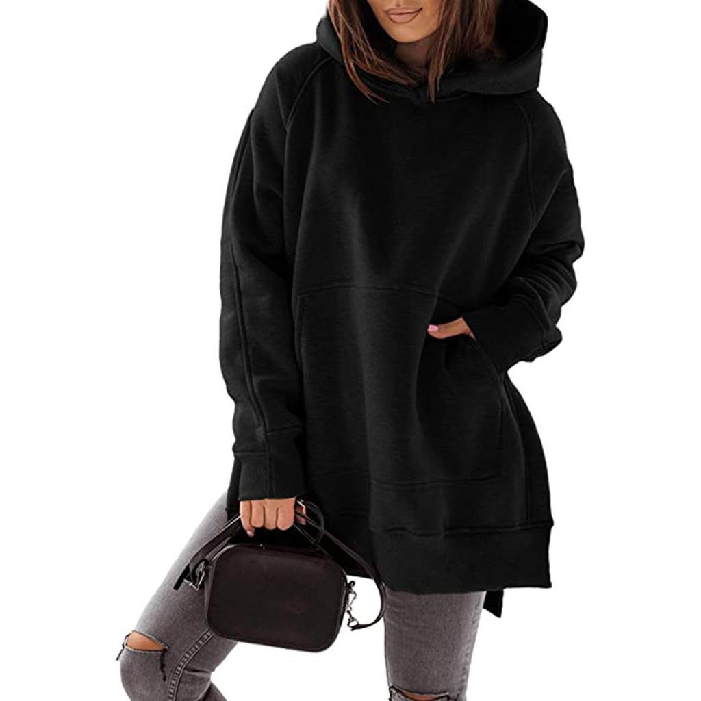 Long Sleeve Hooded Padded Women's Sweatshirt Solid Color Pocket Loose Hooded Sweatshirt Plus Size Women