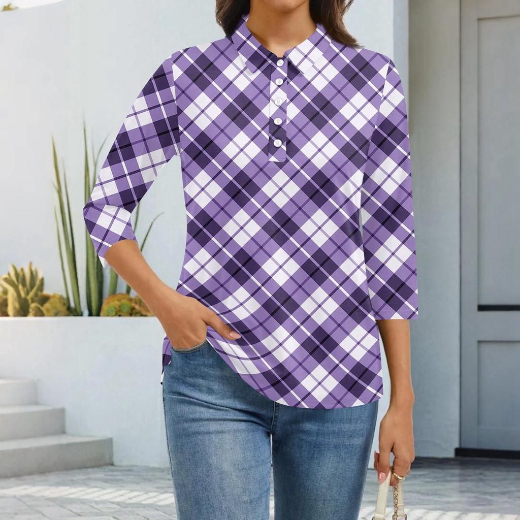 Dámská móda Ležérní klopa Krátký 3/4 rukáv Potisk Košile Dámské zapínací topy