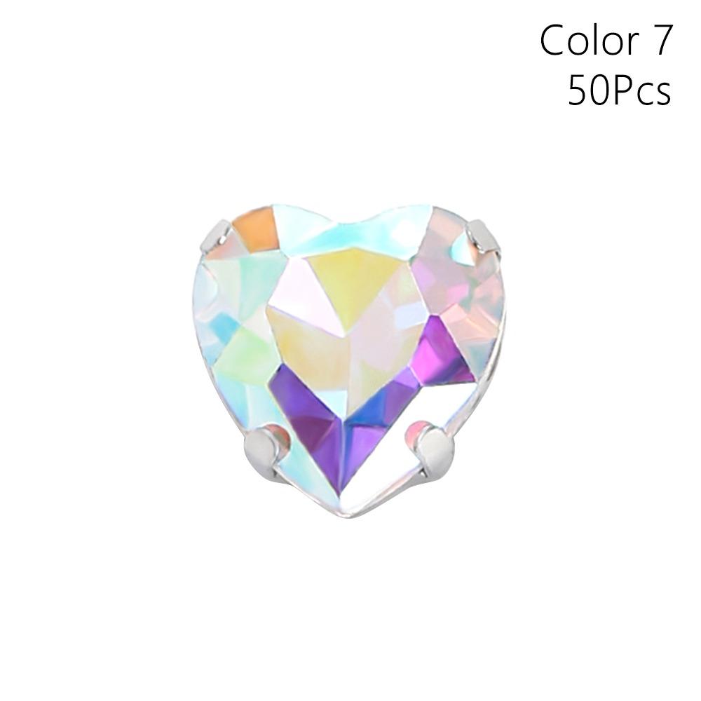 50Pcs/Pack Heart Shape Glitter Sewing Rhinestones Sew On With Silver Claw Glass Crystal Stones 8mm Diamond Beads Ornament
