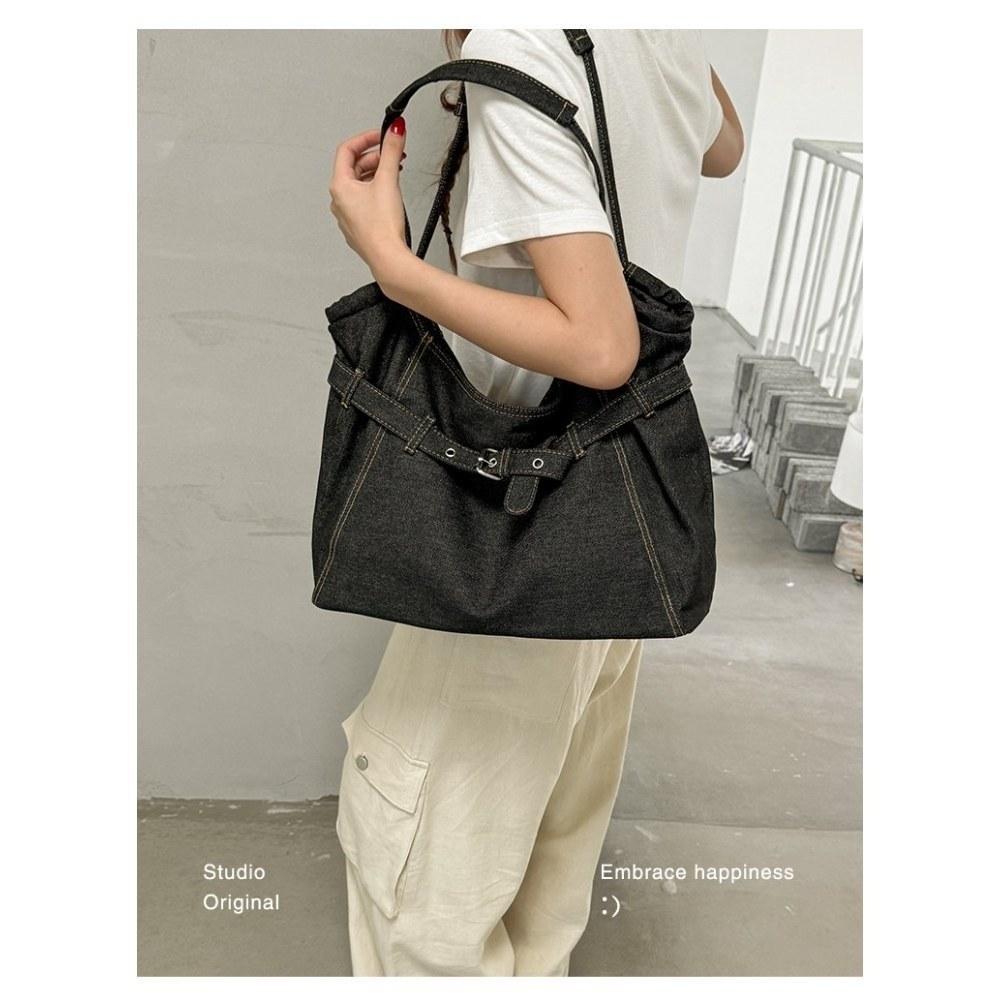 Women Vintage Pleated DenimTote Bag for Daily Commute