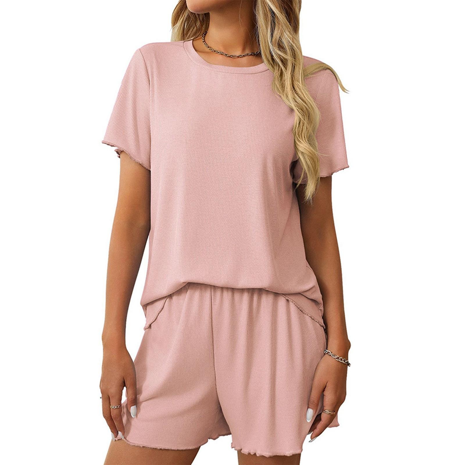 

Женская повседневная однотонная пижама с короткими рукавами, шорты, домашняя одежда, комплект из двух предметов XL розовый