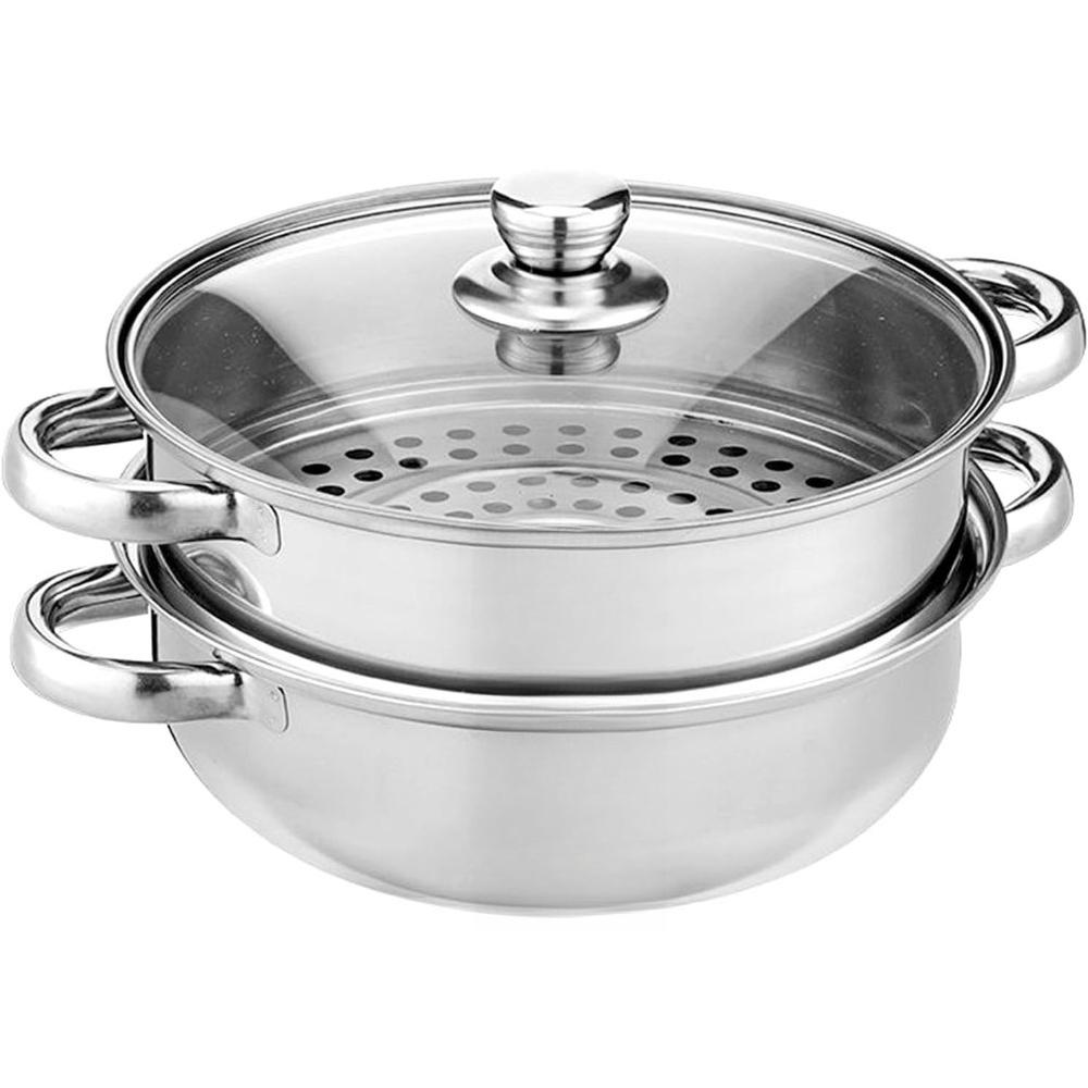 

2 Layer Steamer Pot Multipurpose Stainless Steel Steam Pot with Lid for Cooking Vegetable Stock Sauce Food Kitchen Supplies срібний