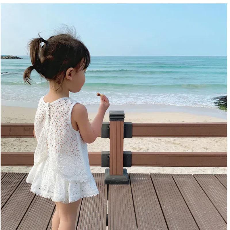 Flickkläder Baby Söt Ihålig Bomullsset Sommar Stilfull Ärmlös Väst Tvådelat Set