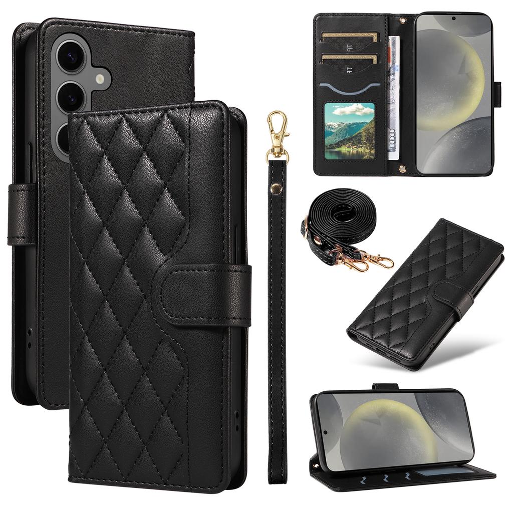 For Samsung Galaxy S25/S24 Case Wallet Rhombus Leather Phone Cover with Shoulder Strap,Wrist Strap