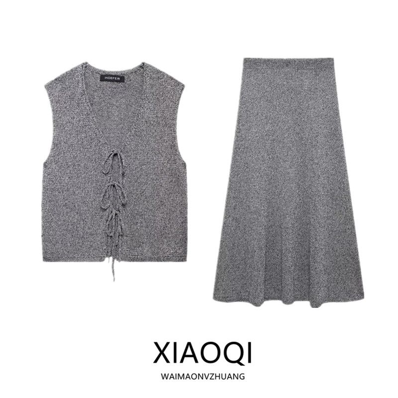 Fashion Style 2024 Autumn New Women's Bow Tie Knitting Vest Sleeveless Cardigan Mid-Waist Skirt 05745587812