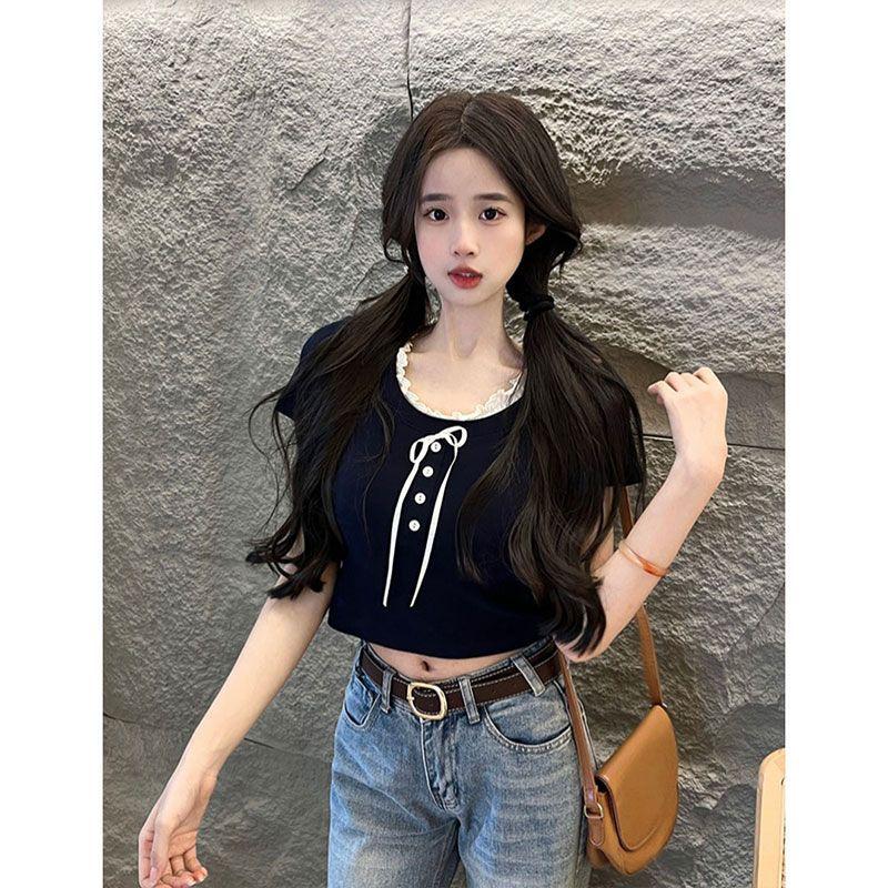 Summer new bow lace fake two-piece short-sleeved t-shirt slim-fit short gentle style chic top trendy