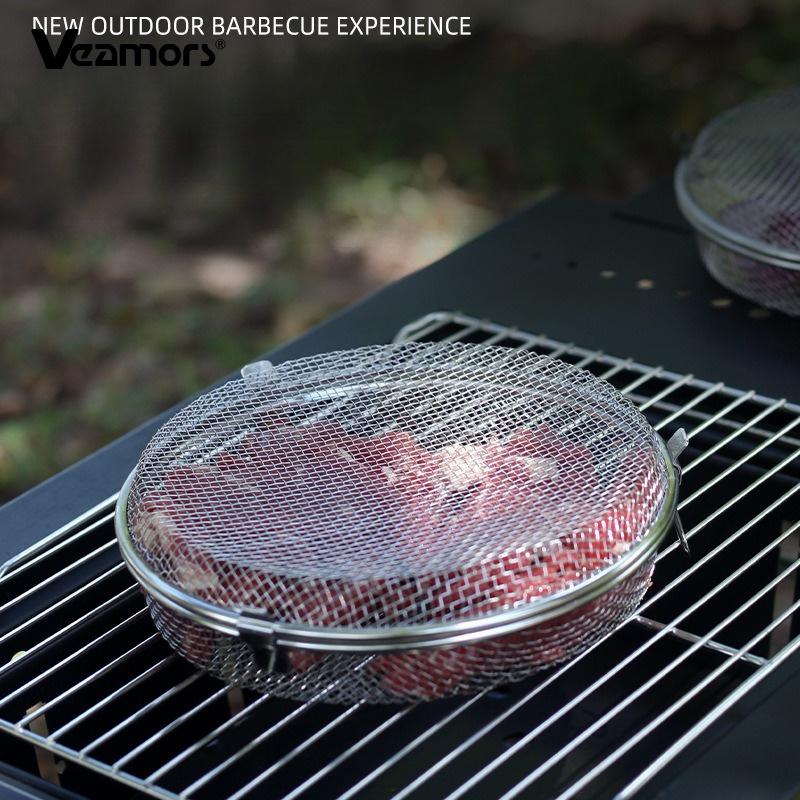 Stainless Steel Round BBQ Grill Basket Portable Lockable Barbecue Mesh Cage Outdoor Camping Picnic Meat Vegetable Seafood Grilling Tool