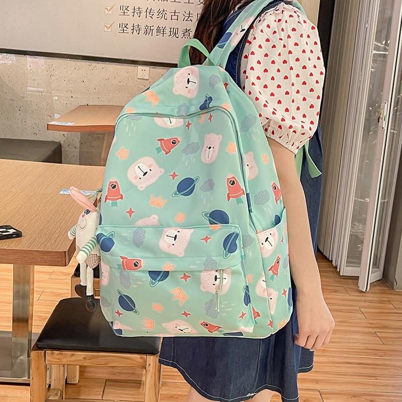 Cute Bear Cartoon Rocket Star Cloud Crown Print Student Backpack For School