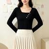 Women’s White Ribbed Square Neck Knit Sweater - Faux Layered Style, Loose Fit for Autumn/Winter