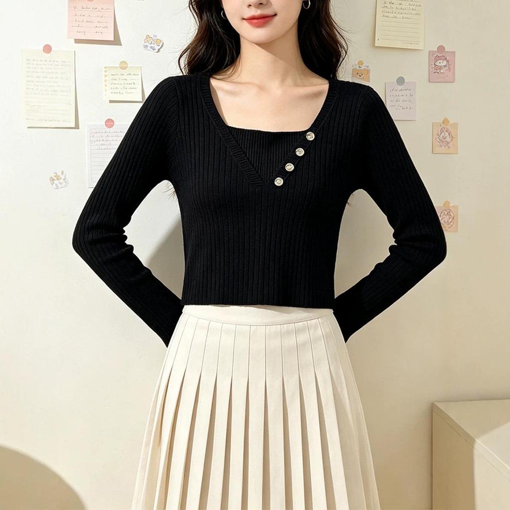 Women’s White Ribbed Square Neck Knit Sweater - Faux Layered Style, Loose Fit for Autumn/Winter