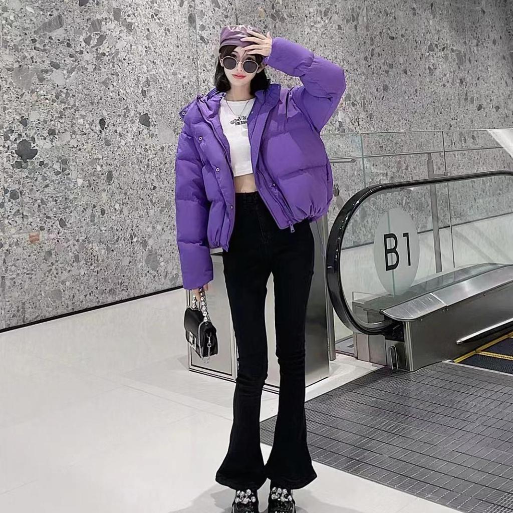 Women's Short Light Down Jacket Autumn Winter Hooded Single Breasted Loose White Duck Down Coat Pocket Stand Collar Solid Color
