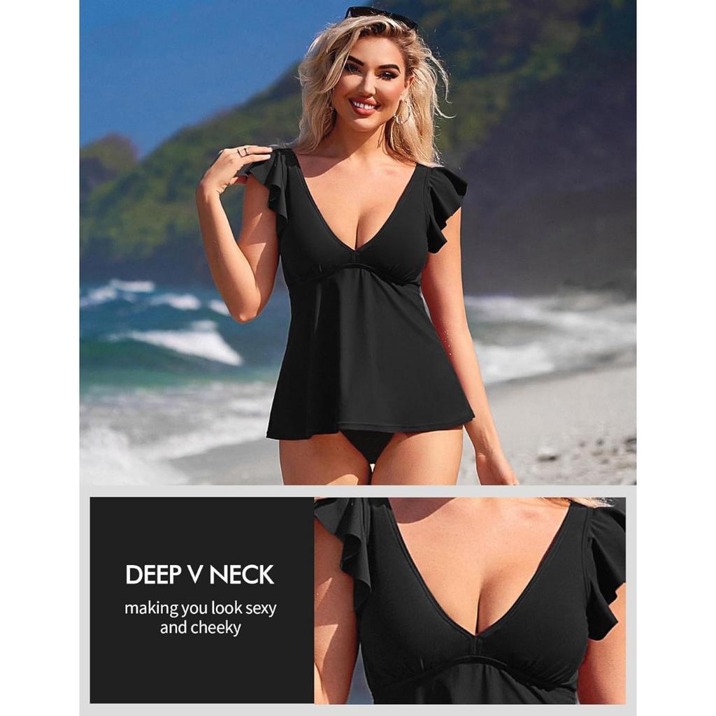 CHARMLEAKS Women Tankini Top Ruffled Shoulder Bathing Suit Top V Neck Swimsuit Top Flowy Bikini Tank Top