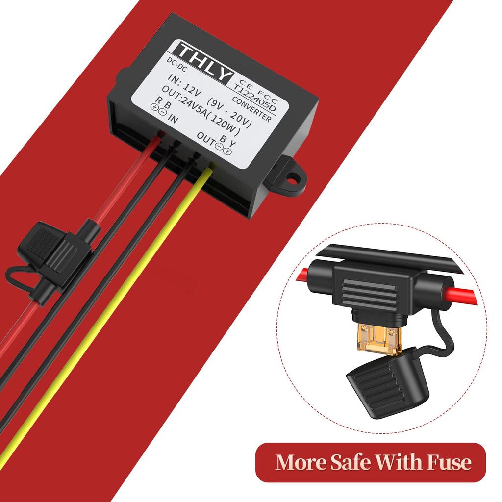 12VDC-24VDC Converter 5A 120W 120W Boost Converter with Fuse Waterproof and Wiring Terminals Golf