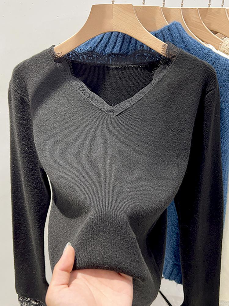 

Свитер Atmosphere с кружевной вставкой на воротнике, с длинным рукавом, базовая рубашка, женский осенне-зимний вязаный топ в стиле милой острой девочки L чёрный