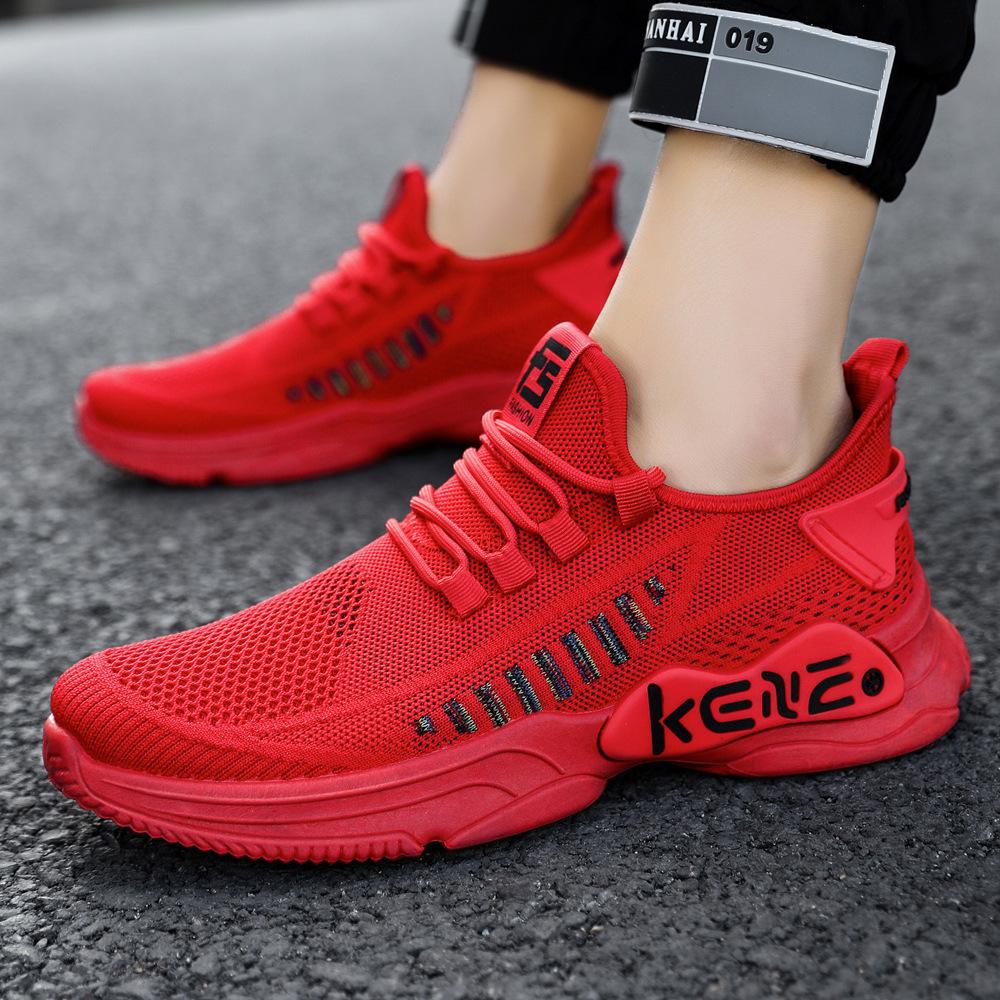 Spring New Men's Shoes for Foreign Trade Flying Knitted Sports Shoes Mesh Lace-up Running Shoes Korean Casual Men's Shoes