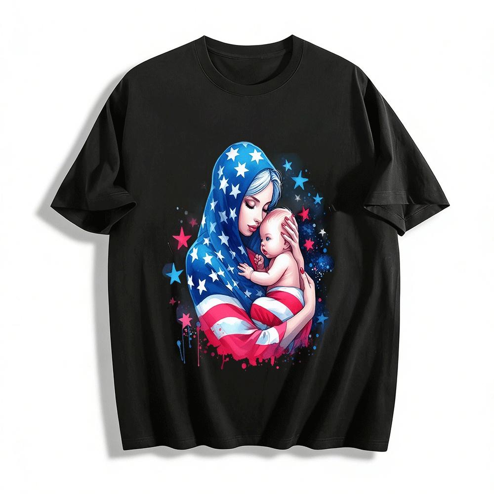 American Flag Mother And Baby Print Casual Top Pure cotton T-shirt XXS