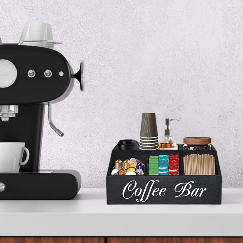 Multi Functional Coffee Accessories Storage Box Natural Wood Teas Condiment Organizer with Multiple Compartments