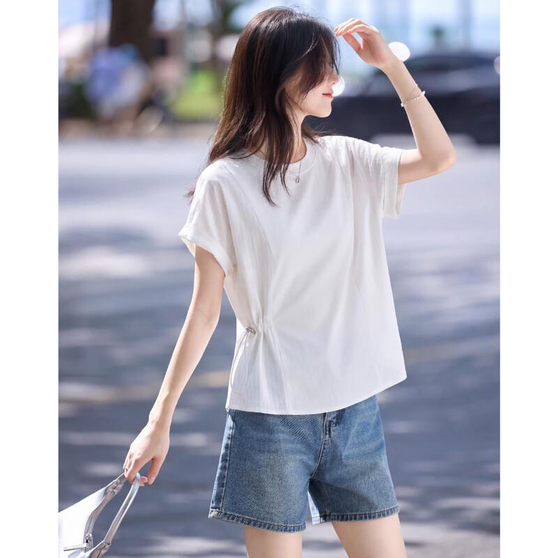 Cloud Cotton Spliced Drawstring Short Sleeve T-Shirt