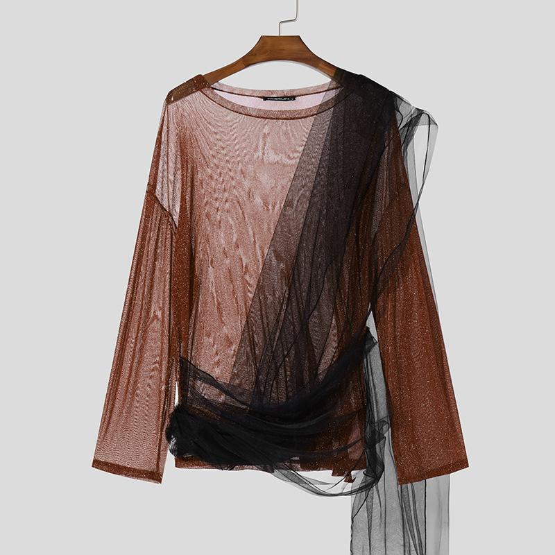 

INCERUN Мужские блестящие прозрачные свободные рубашки с длинным рукавом, топы в стиле пэчворк с длинными лентами 3XL коричневый