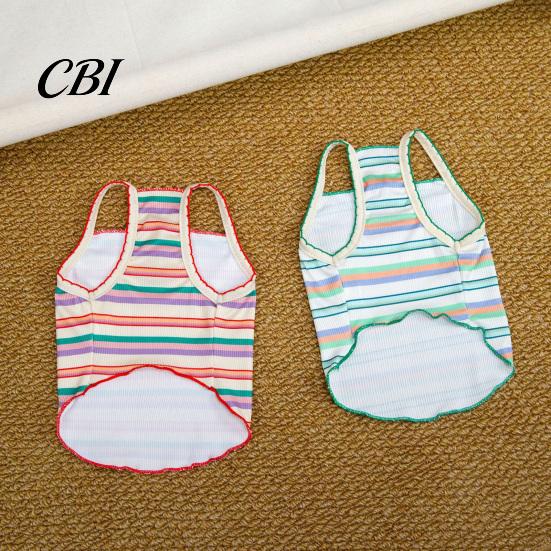 Soft Fabric Dog Tee Colorful Striped Pet T-Shirt, Sleeveless Thin Straps Breathable Apparel Tank Top with Cute Bear Embroidery for Small Dogs