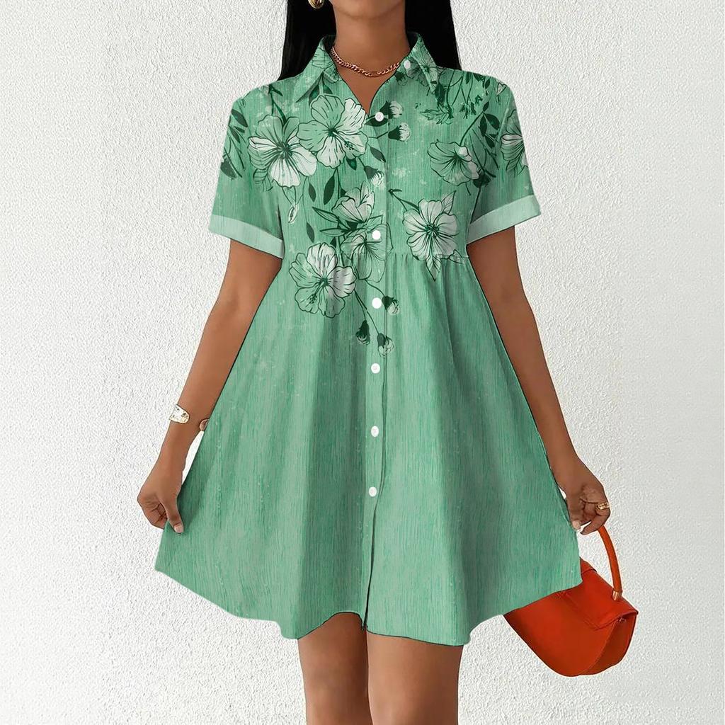 Women's Casual Loose Fit Shirt Dress Button Front Short Sleeve Collared Dress with Floral Print Suitable for Daily Wear and Outdoor Activities