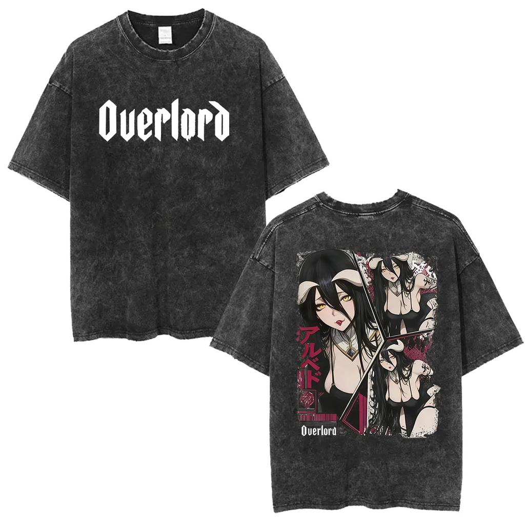 2026 Overlord Albedo Double Sided Vintage Washed Black Oversized Y2K Cotton Tee For Anime Fans And Anime Enthusiasts