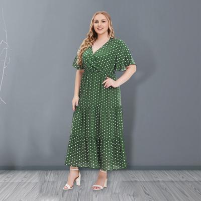 Plus Size Women Dress V-Neck Short Sleeve Ruffle Splicing Flowy Hem Midi Dress