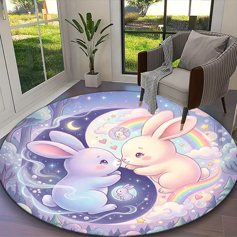 1pc Playful Bunny Rabbit Printed Chair Rug for Home Office Use, Living Room Kitchen Game Room Round Carpet
