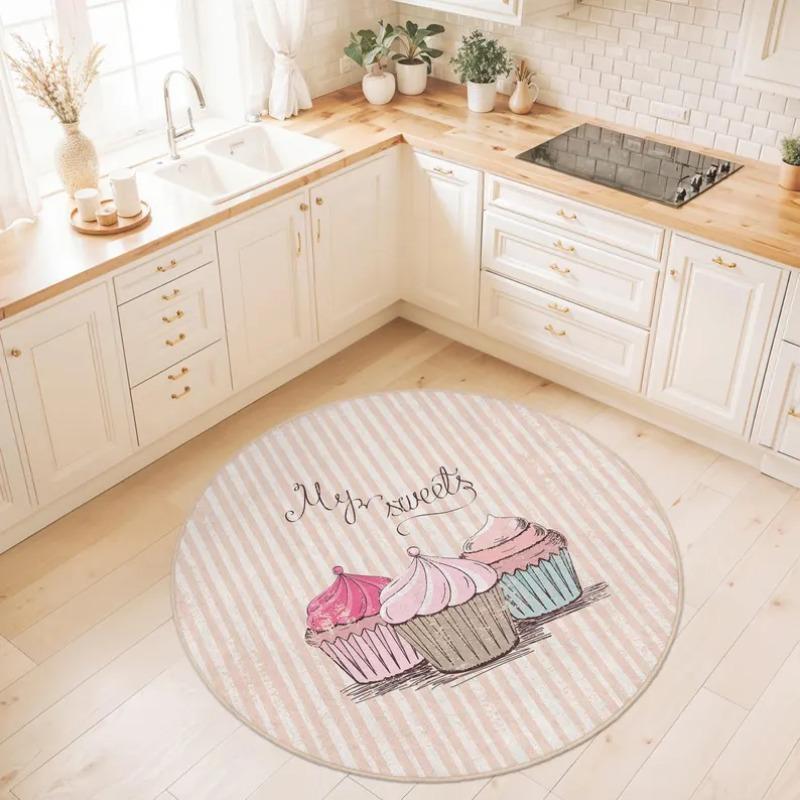 Cute Sweet Round Rug Pink Blue Lace Cupcake Pattern Floor Mat Soft Non-Slip Home Decor Carpet for Living Room Bedroom