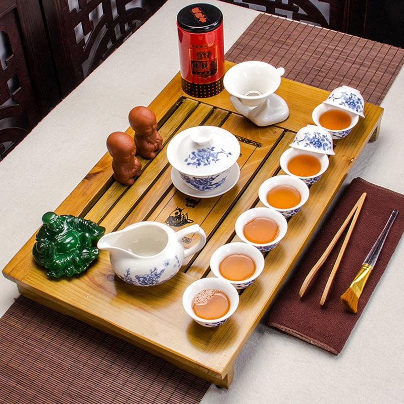 Juego de té chino de vidrio transparente resistente al calor, juego de té de madera maciza con paquete de bandeja de té Kung Fu