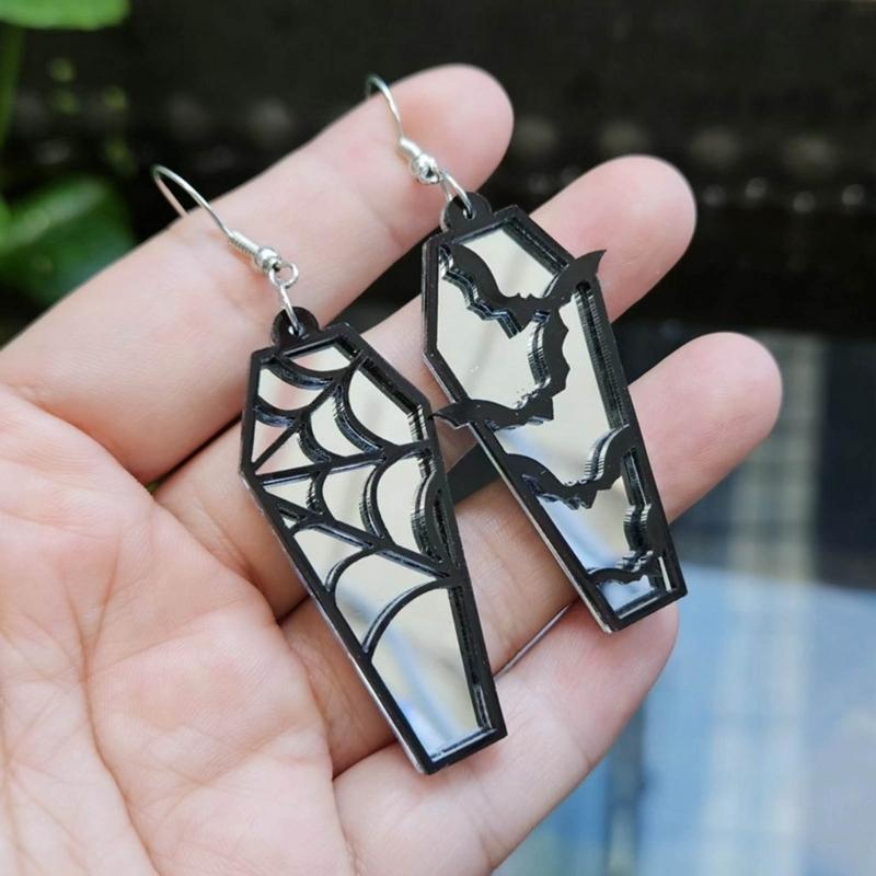 Gothic Lightwight Earring Acrylic Spiderweb Coffin Stud Earrings Eye Catching Hollow Bat Earrings Ornaments Women Girl