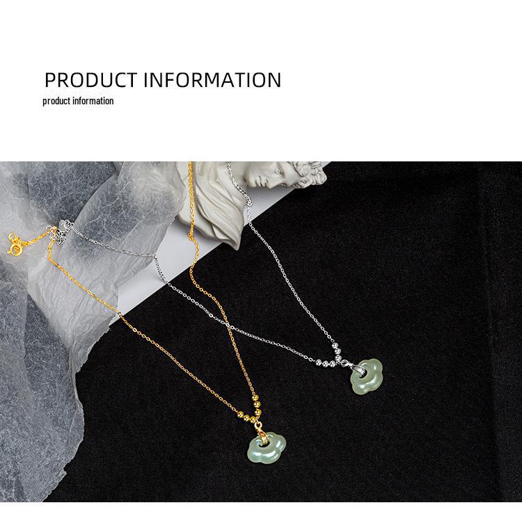 925 Silver Peace Lock Necklace with Hetian Jade & 14K Gold Clavicle Chain, Featuring a Retro Ruyi Longevity Lock Pendant for Women.