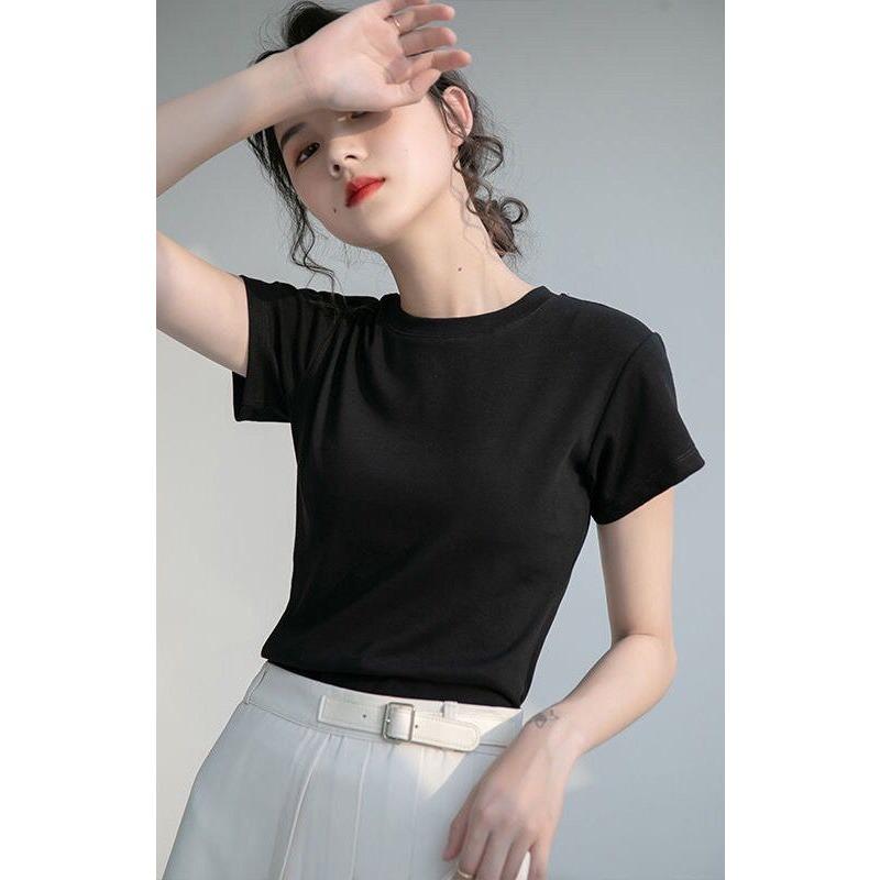 Women's Solid Color Short Sleeve T-Shirt Basic Crew Neck Casual Slim Fit Tee for Daily Wear