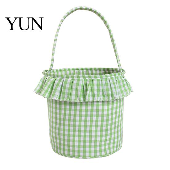 Easter Egg Hunt Carriers Halloween Basket, Plaid Ruffle Trick or Treat Candy Bucket with Handle Cloth Gift Bags for Birthdays Kids, Reusable