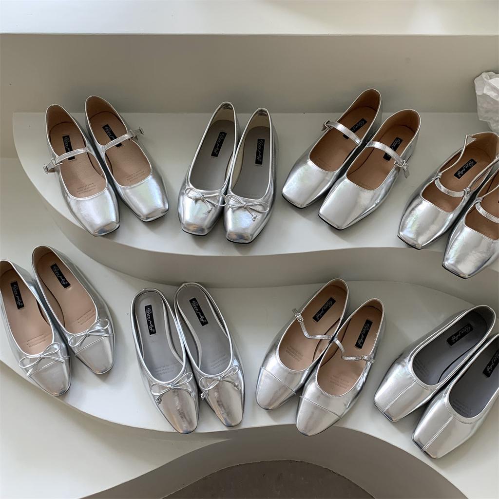 Fashion Flats Shoes for Women Luxury Silver Ballet Shoes Women's New 2025 Autumn French Mary Jane High Heel Single Shoe Ladies