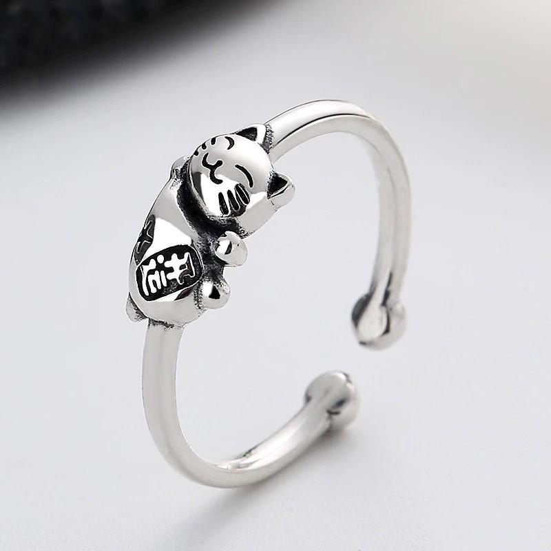 Adjustable Cat Ring Women Men Cute Lucky Finger Minimalist Open Band Vintage Style Copper Jewelry