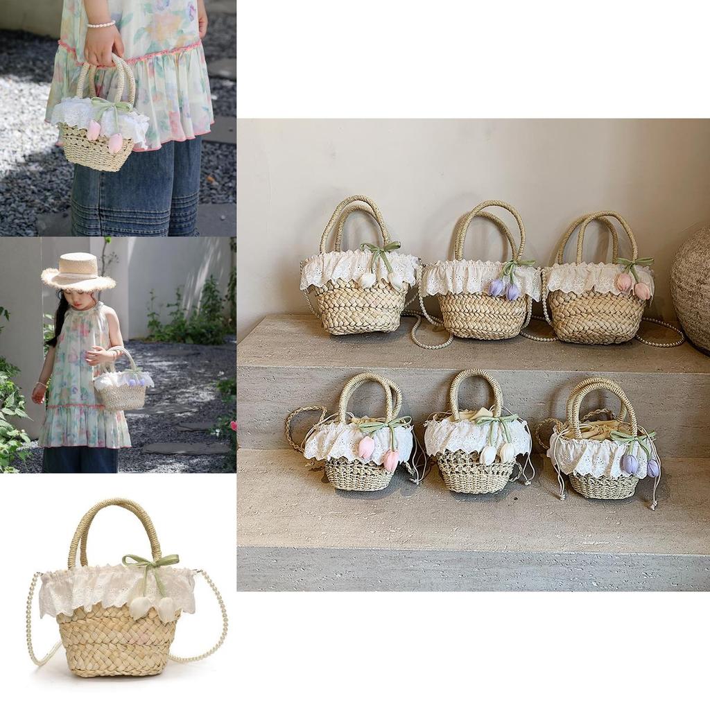 Summer Woven Straw Bag For Kids With Cotton Lining For Beach And Vacation Use
