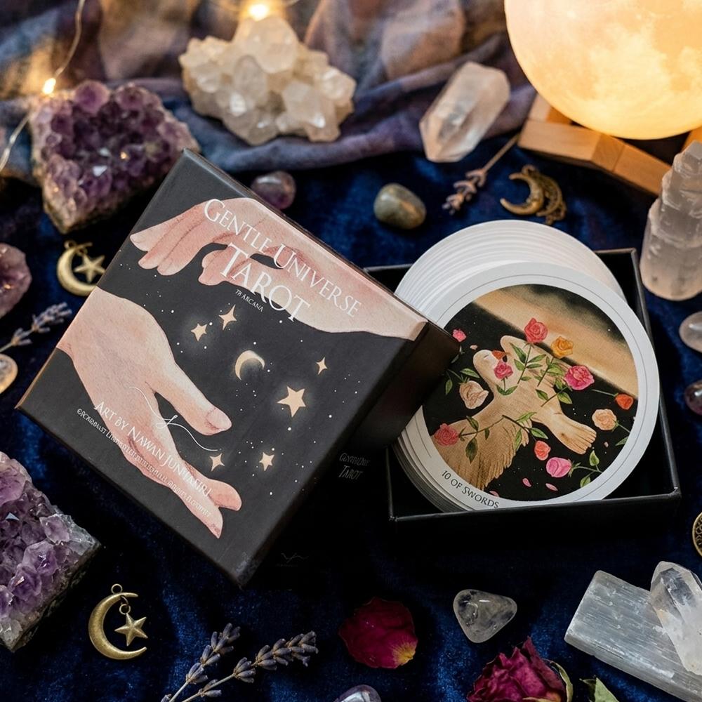 Gentle Universe Tarot Deck 78 Pcs Round Circular Tarot Cards Watercolor Art Witchcraft in Rigid Box, Double-embossed 8.8*8.8cm
