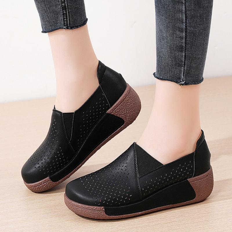 Hollow-out Women PU Leather Casual Shoes Fashion Wedge Heels Platform Shoes Slip-on Loafers Mother Shoes