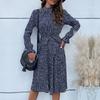 Autumn and winter women's clothing polka dot printing lace-up lotus leaf sleeve pleated dress women