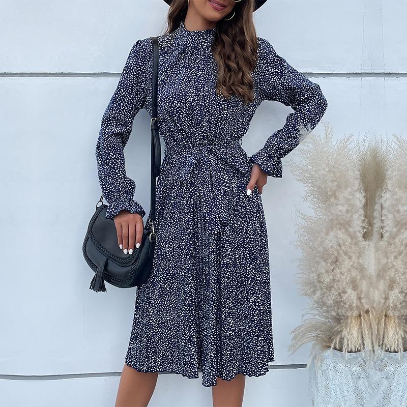 Autumn and winter women's clothing polka dot printing lace-up lotus leaf sleeve pleated dress women