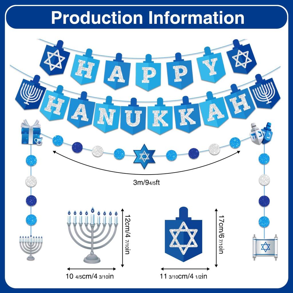Hanukkah Decorations Banner, Pre-assembled Hanukkah Party Decor Garland, Happy Hanukkah Sign Banner, Chanukah Decorations for Home, Blue Glitter