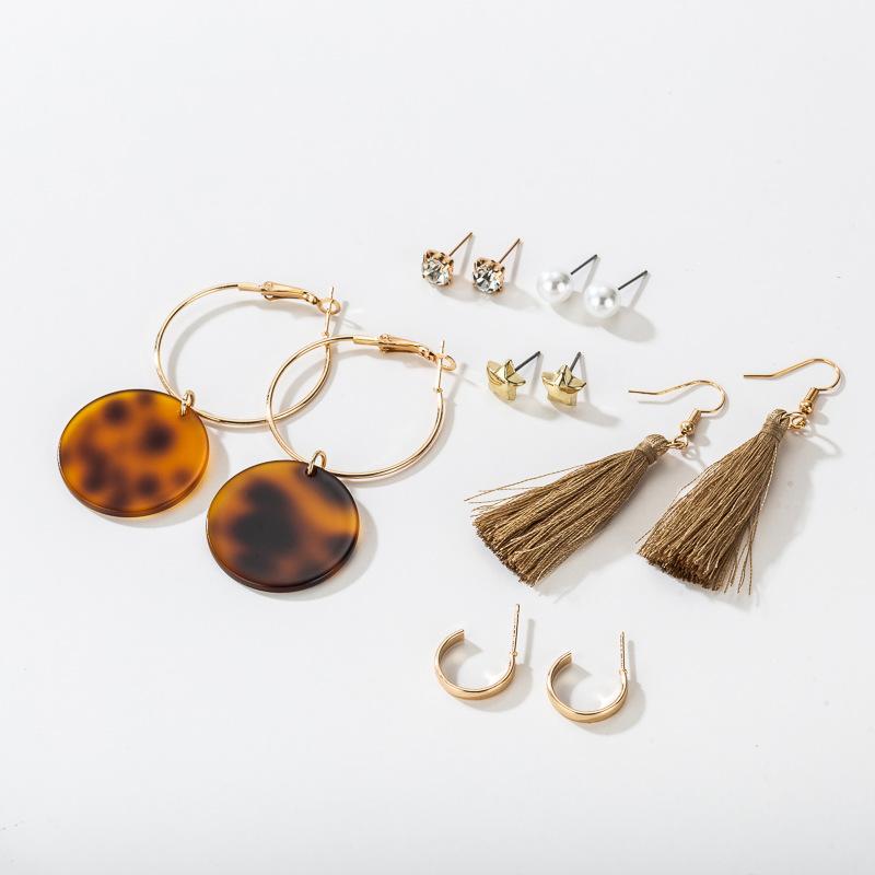 Fashion Acrylic Artificial Pearl Circle Fringed Stud Earrings Set 6-Piece Set, Style Earrings