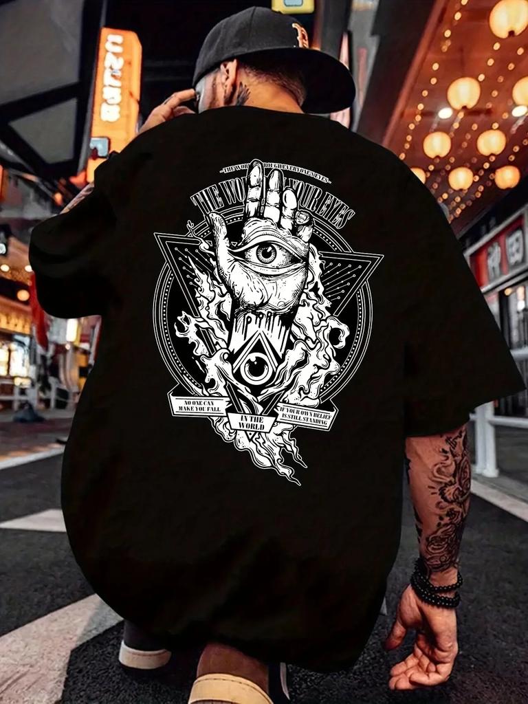 Men's 100% Cotton T-Shirt with Illuminati All-Seeing Eye and Hand Design - Hip Hop Street Style Top